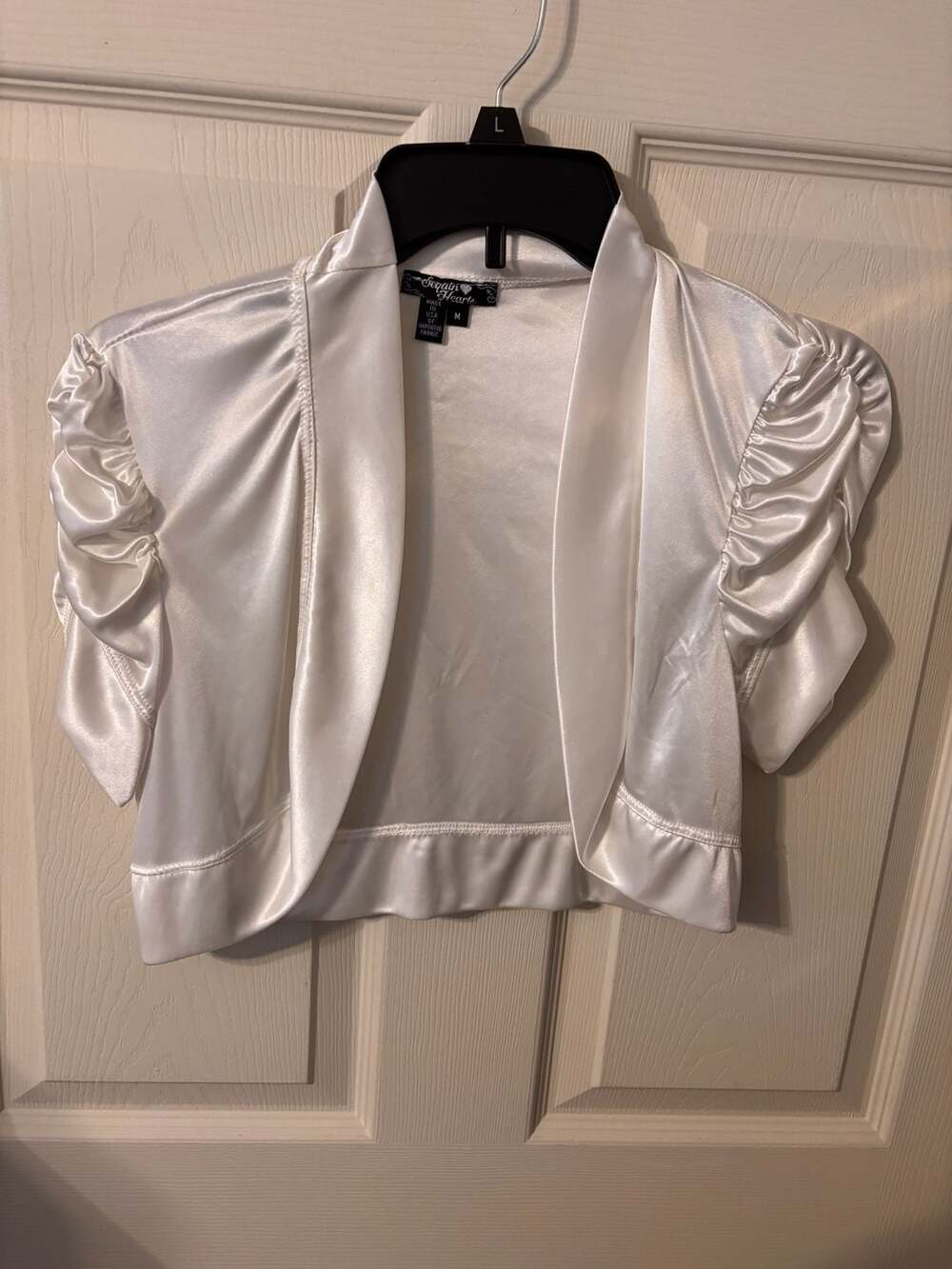 Sequin Hearts White Satin Short Puff Sleeve Bolero Shrug Jacket